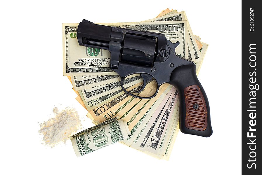 Handcuffs, gun and money isolated on a white background