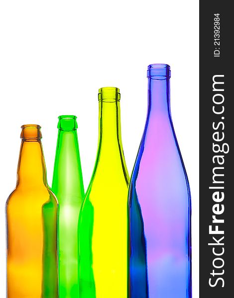 Empty wine and beer bottles on white background