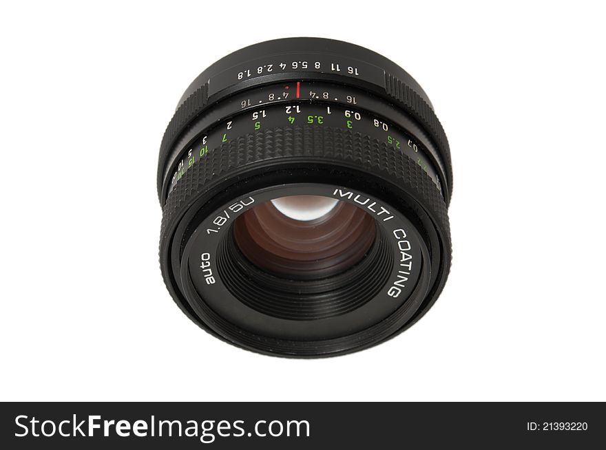 Vintage 50mm prime lens isolated on white. Vintage 50mm prime lens isolated on white