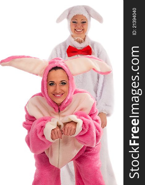 Funny pink rabbit against white rabbit isolated on white background. Funny pink rabbit against white rabbit isolated on white background