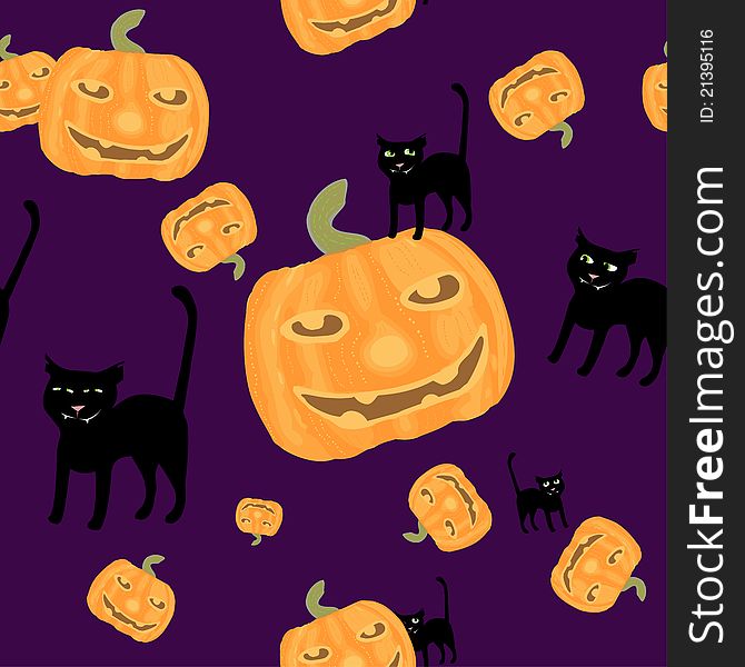 Halloween Background Black Cat And Pumpkins