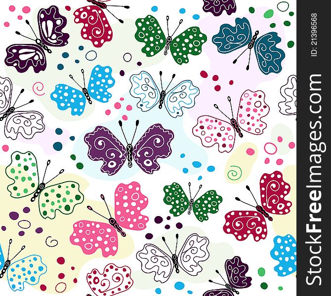 White seamless pattern with colorful butterflies and spots
