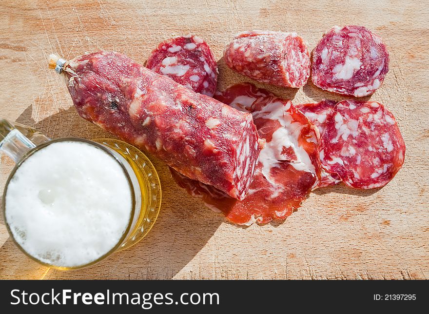 Italian Salami And Glass Of Beer