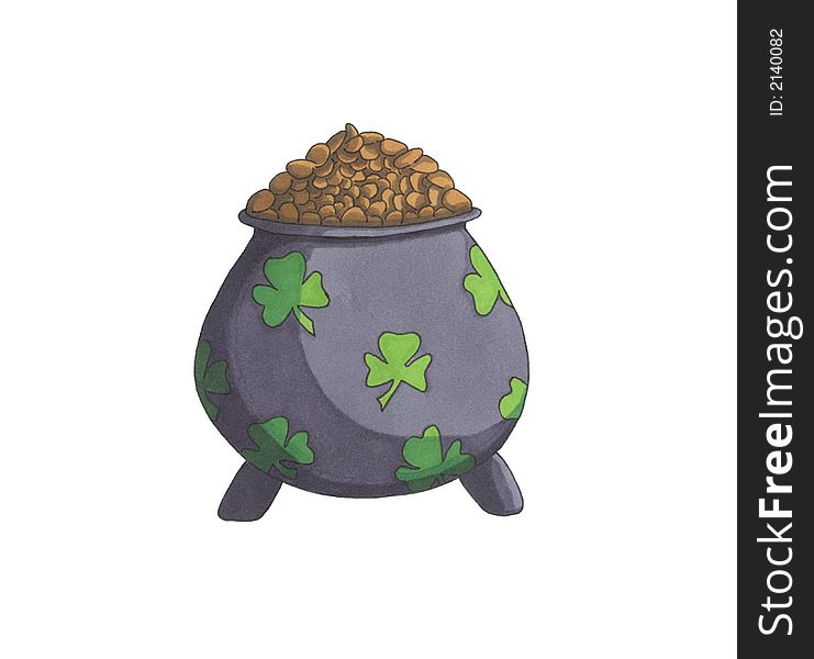 hand drawn illustration of a pot of irish gold