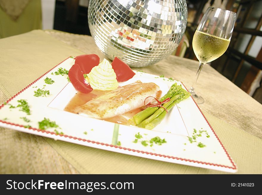 Fish fillet with asparagus and mashed potatoes. Fish fillet with asparagus and mashed potatoes