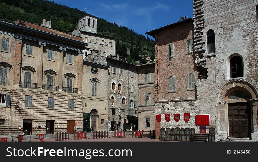 Details of Piazza dei Consoli captured in Gubbio / Umbria / Italy during a medieval fest