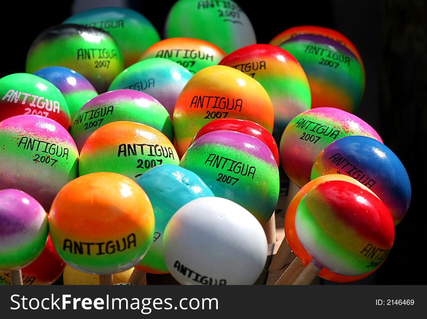 A colorful collection of maracas from Antigua. A colorful collection of maracas from Antigua