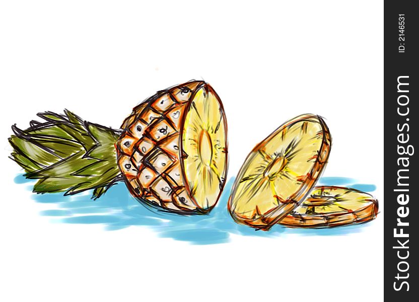 Illustration of pineapple. Painting in water-colours.