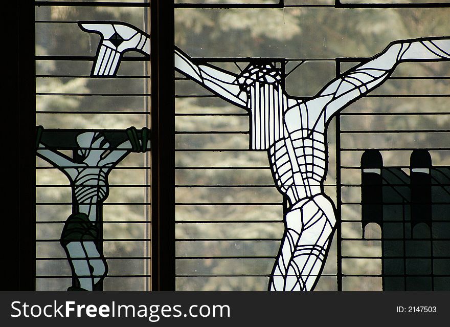 Modern stained glass window of the stations of the cross and resurrection found in St Boniface Cathedral,Winnipeg. This is in the new construction of the Cathedral done after the 1960s fire. Modern stained glass window of the stations of the cross and resurrection found in St Boniface Cathedral,Winnipeg. This is in the new construction of the Cathedral done after the 1960s fire