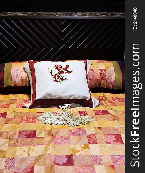 Bed with colorful linen - home interiors. Bed with colorful linen - home interiors
