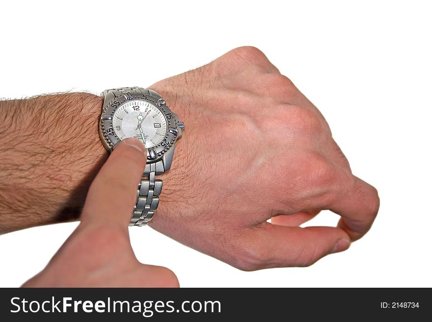 Hand showing time on hand watch,isolated on white.Time concept