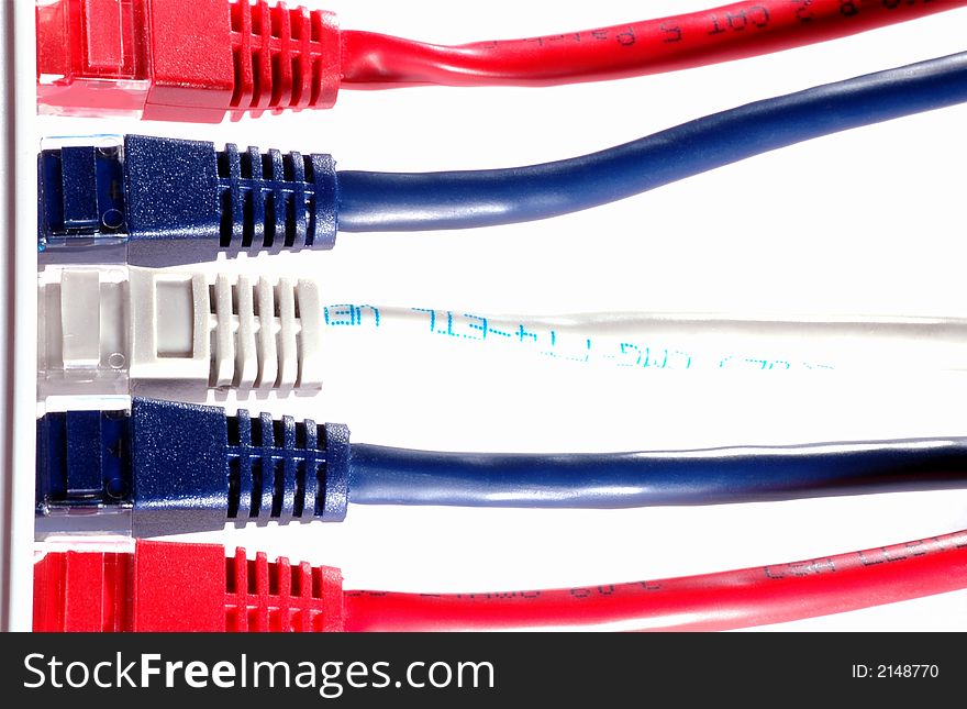 Network cables in red blue and grey. Network cables in red blue and grey