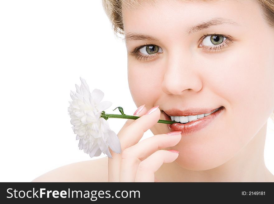 Close-ups lovely woman smile portrait with white white chrysanthemum in mouth