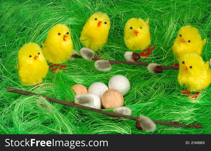 Six chickling decorated on green grass. Six chickling decorated on green grass