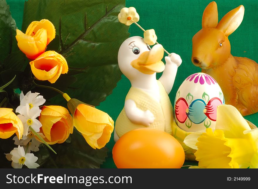Easter decoration on green background