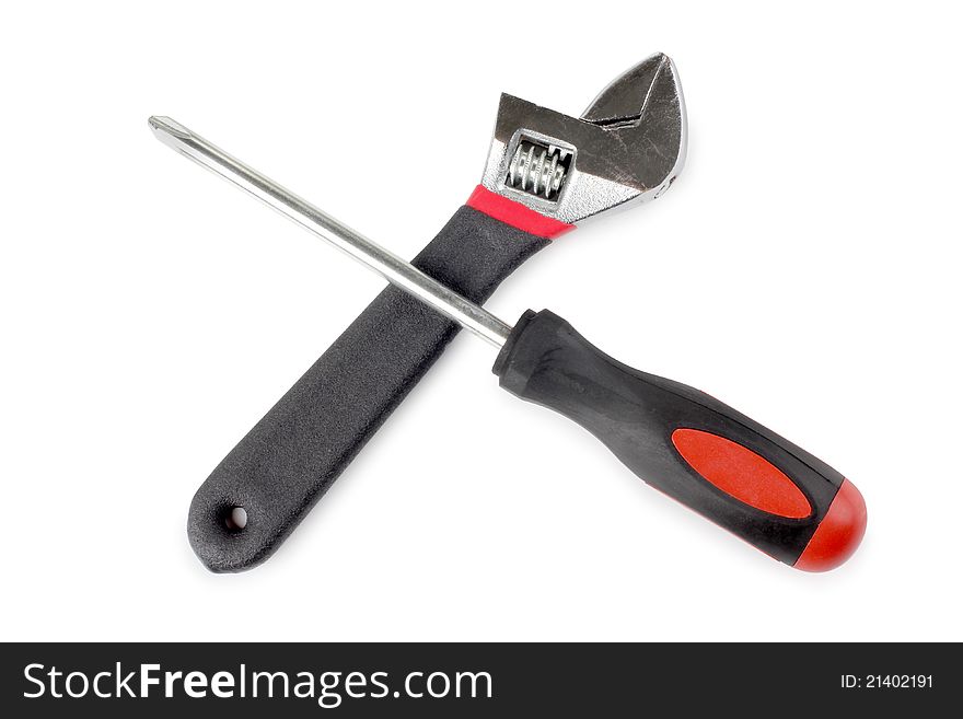 Color photo of a screwdriver and wrench. Color photo of a screwdriver and wrench