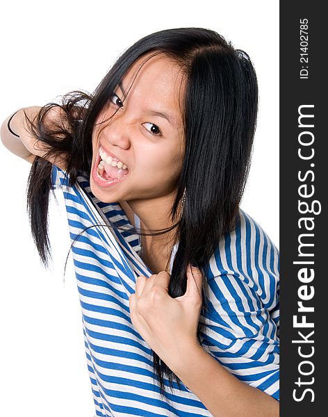 The Asian girl tears a frock,isolated on white background