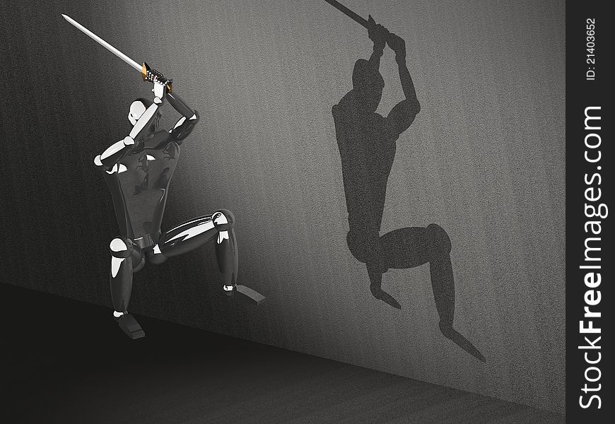 3D image of a warrior attacking in high jump with sword. 3D image of a warrior attacking in high jump with sword