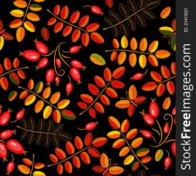 Autumn seamless black floral pattern with vivid leaves and berries. Autumn seamless black floral pattern with vivid leaves and berries