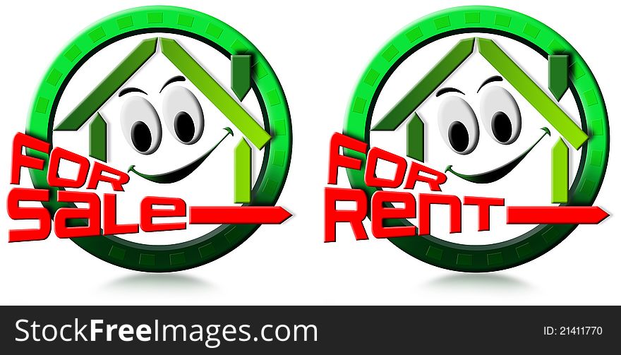 Two icons with stylized smiling and written home for sale and for rent. Two icons with stylized smiling and written home for sale and for rent