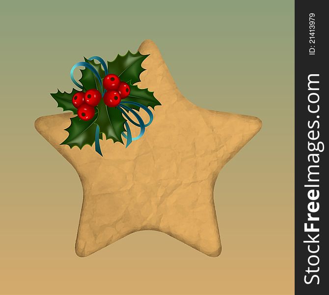 Paper vector star decorated with holly. Paper vector star decorated with holly
