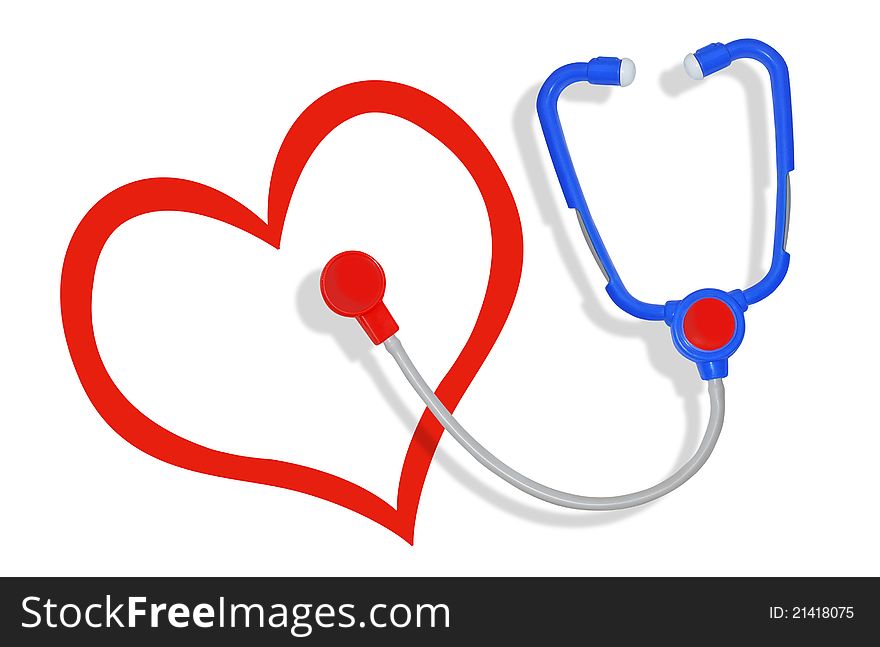 Blue stethoscope and red heart. Blue stethoscope and red heart