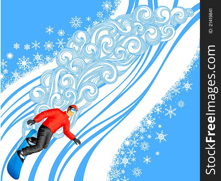 Snowboarder rides with high speed, leaving a big trail behind. Snowboarder rides with high speed, leaving a big trail behind.
