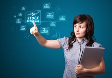 Woman Pressing Modern Business Type Of Buttons Stock Photos Woman Pressing Modern Business Type Of Buttons Stock Photos