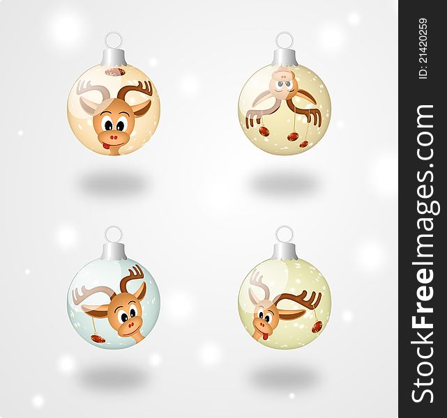 Four christmas balls with funny reindeer on gray background - bitmap illustration. Four christmas balls with funny reindeer on gray background - bitmap illustration