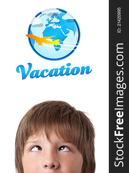 Young persons head looking with gesture at vacation type of sign. Young persons head looking with gesture at vacation type of sign