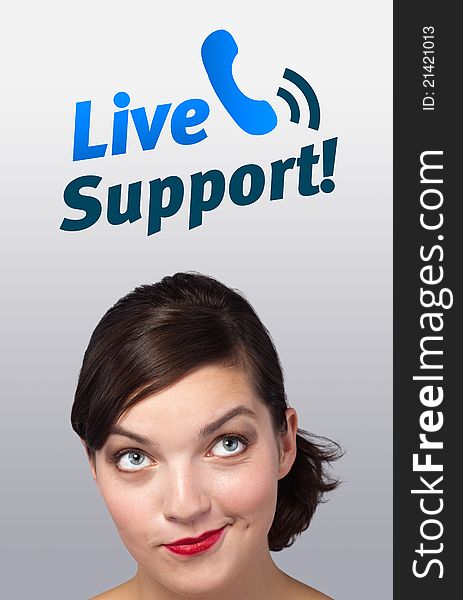 Young girl head looking with gesture at support contact type of icons and signs. Young girl head looking with gesture at support contact type of icons and signs