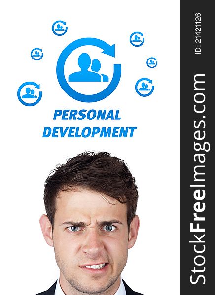 Young persons head looking with gesture at labor type of icons. Young persons head looking with gesture at labor type of icons