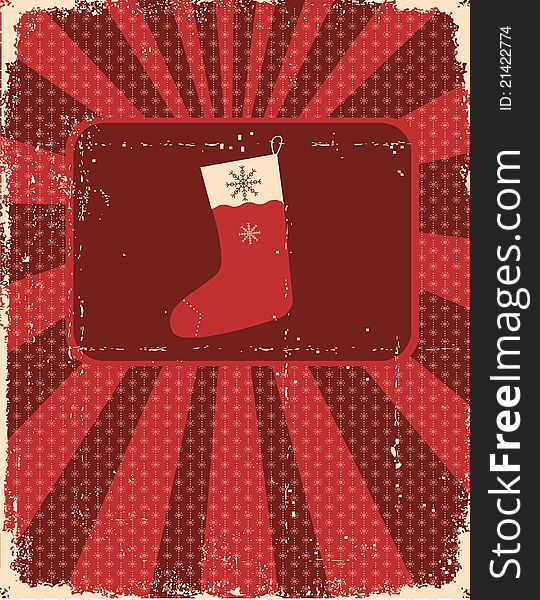 Vintage christmas card on old paper texture with holiday sock for design