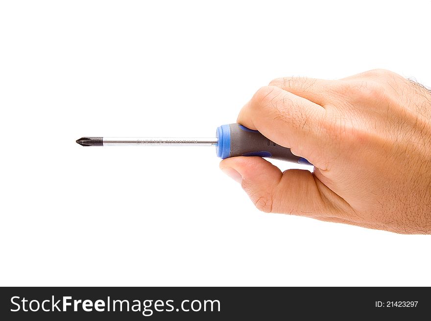 Hand holding screwdriver isolated over white background