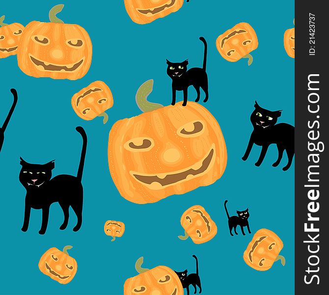Halloween Background Black Cat And Pumpkins