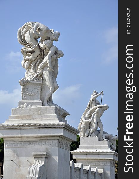 Statue architecture at Victor Emanuel monument in historical center of Rome