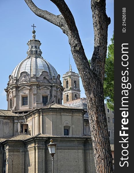 Tower church architecture at Victor Emanuel monument in historical center of Rome. Tower church architecture at Victor Emanuel monument in historical center of Rome