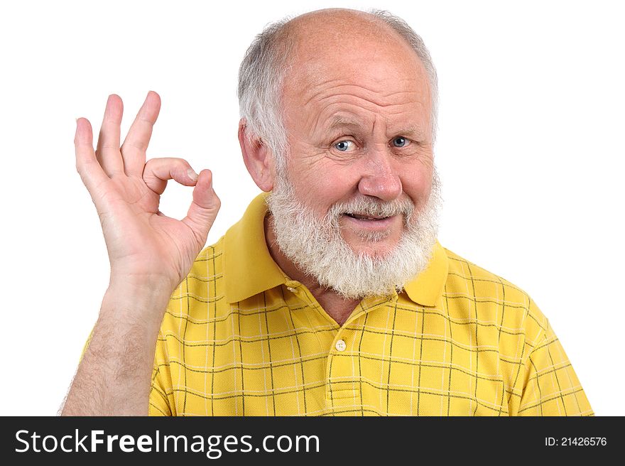 Senior funny bald man in yellow t-shirt is shows gestures and grimaces. Senior funny bald man in yellow t-shirt is shows gestures and grimaces