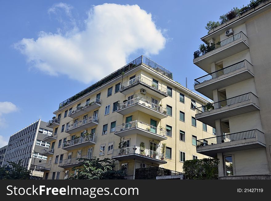 Modern block of flats with plants on top in center of Rome. Modern block of flats with plants on top in center of Rome