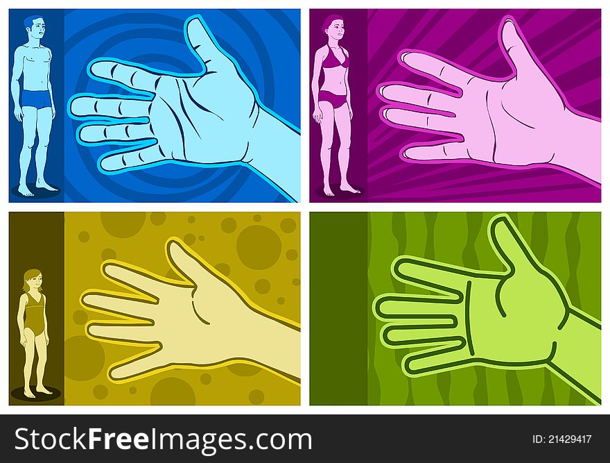 Figure in four different types of hand, man, woman, child, simple