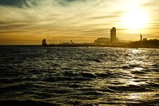 Sundown Seascape With Barcelona On The Background Stock Photos Sundown Seascape With Barcelona On The Background Stock Photos