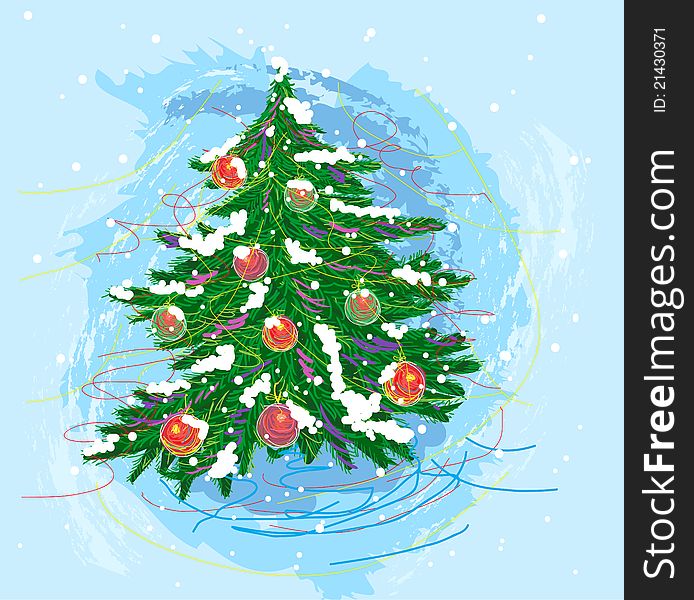 Self illustrated christmas tree, created as artistic painterly style, elements are grouped