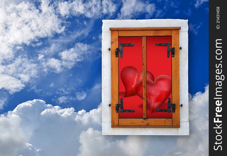 Window with hearts in the sky. Window with hearts in the sky