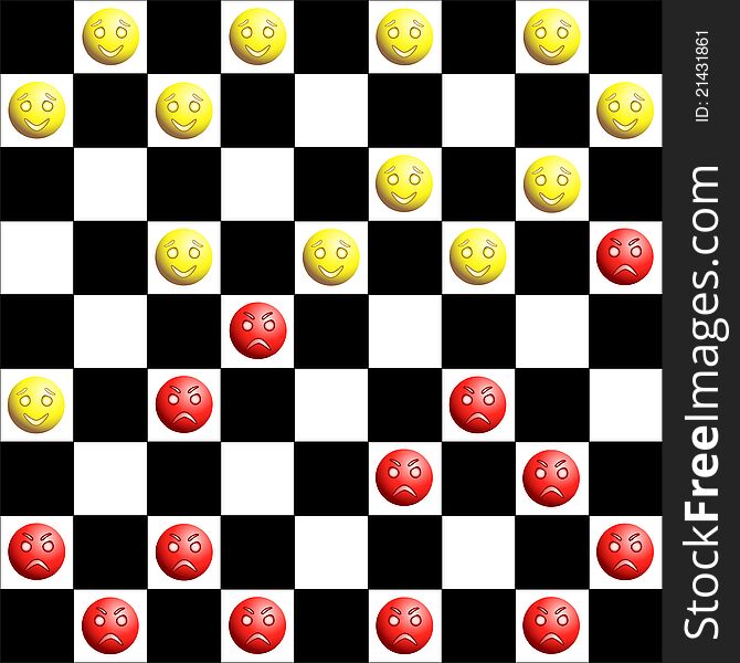 Red and yellow checkers on the chessboard