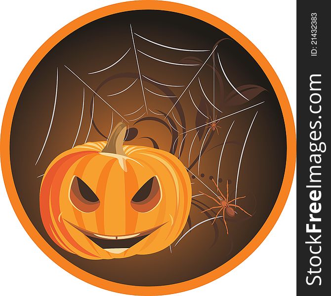 Halloween pumpkin with spiders. Sticker. Illustration