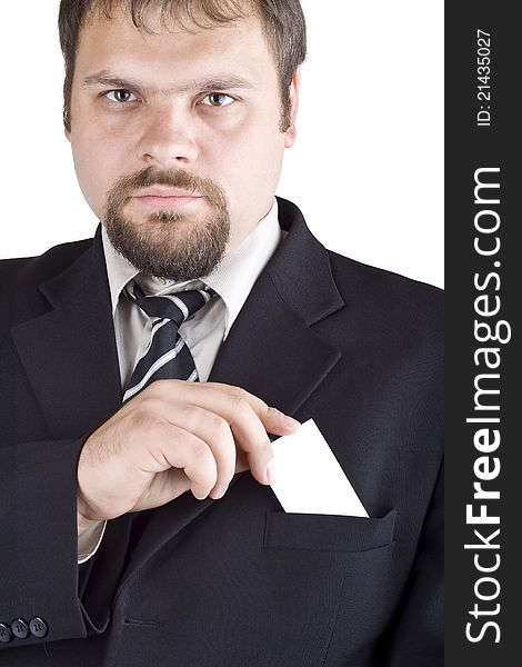 A man shows a business card, isolated on white