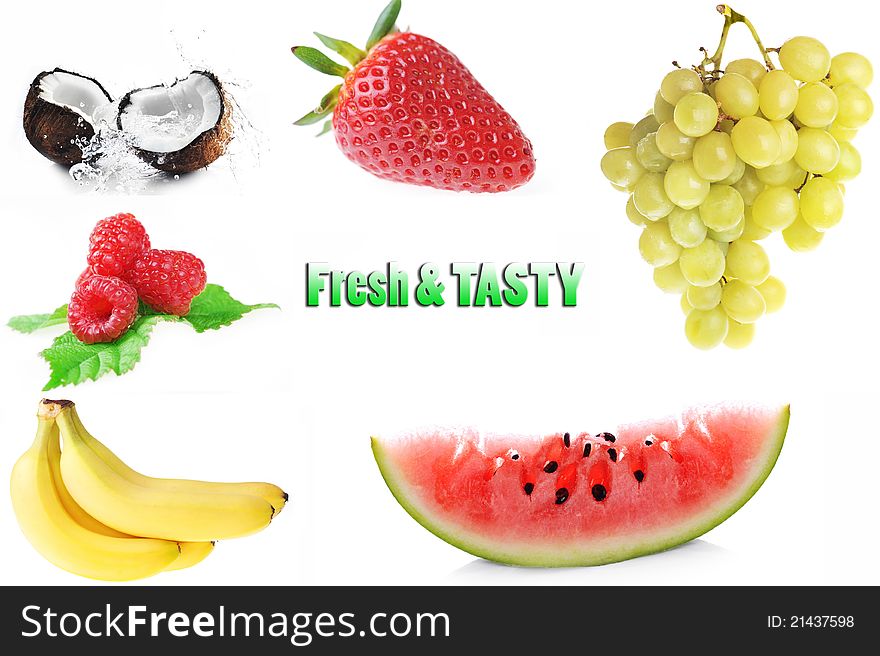 collage of fruits. strawberries, bananas, raspberries and other