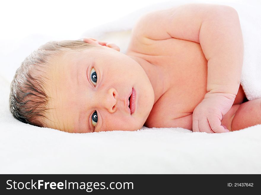 Newborn cute baby on white blanket. Newborn cute baby on white blanket