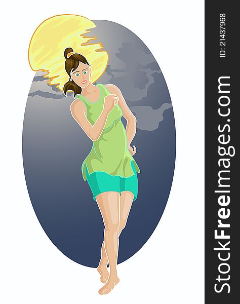 Illustration of girl dancing in the night with yellow abstract moon. Illustration of girl dancing in the night with yellow abstract moon
