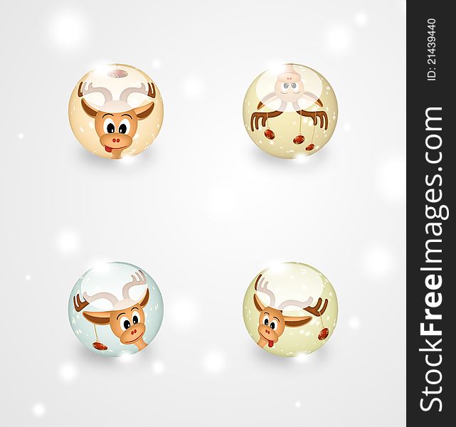 Four glass spheres with christmas motives - funny reindeer and snow on gray background - bitmap illustration. Four glass spheres with christmas motives - funny reindeer and snow on gray background - bitmap illustration